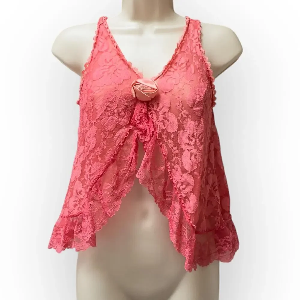 Red Lace 1960s Babydoll Cami Sleeveless Top Hand Dyed Vintage Lingerie Rosette - Picture 11 of 14